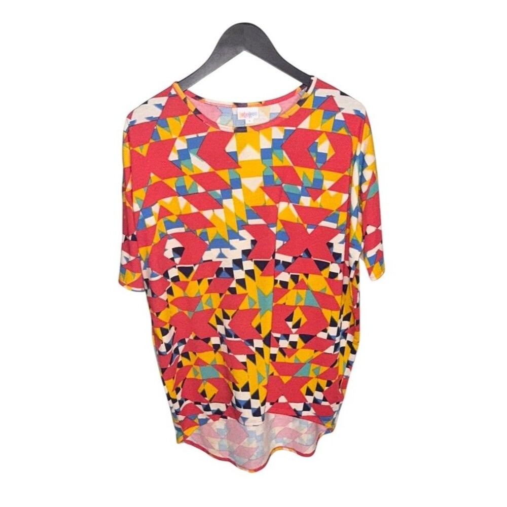 LuLaRoe Irma Tunic Top Small S Geometric Abstract Aztec Colorful High Low Hem